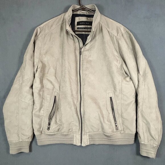 Zara Man Jacket Mens Size XL Beige Bomber Jacket Zipper Pocket Mesh Interior - Picture 6 of 10